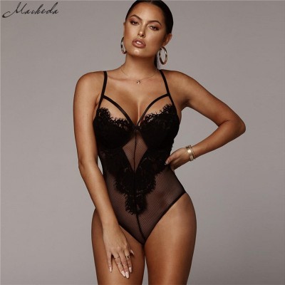Macheda Sexy Deep V Lace Bodysuit Women Catsuit Sleeveless Solid Summer Jumpsuit Backless Leotard Bodies One Piece New